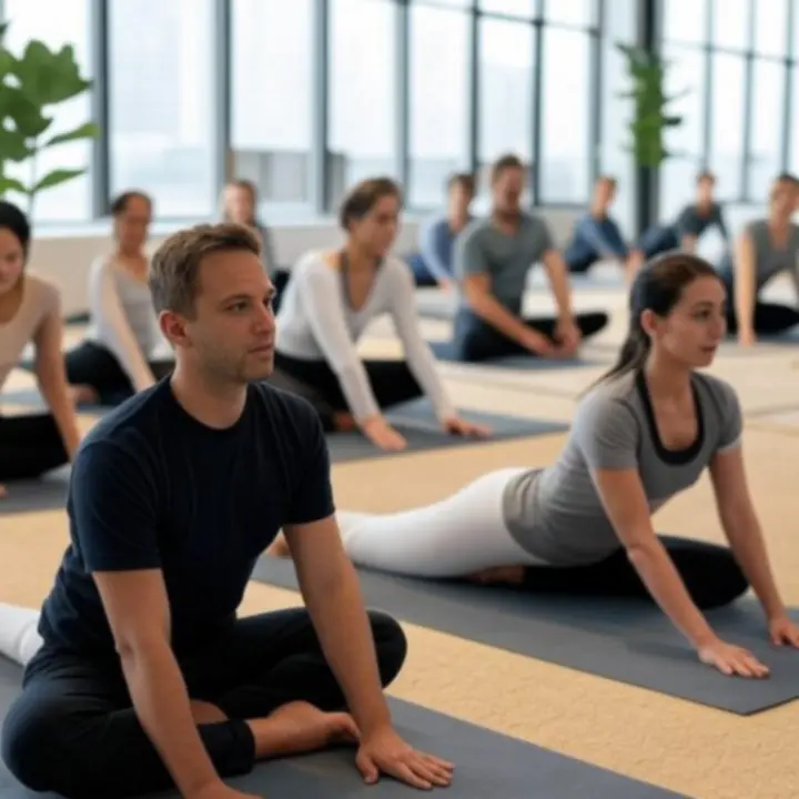 Sesja wellness w biurze, pracownicy w pozycjach jogi