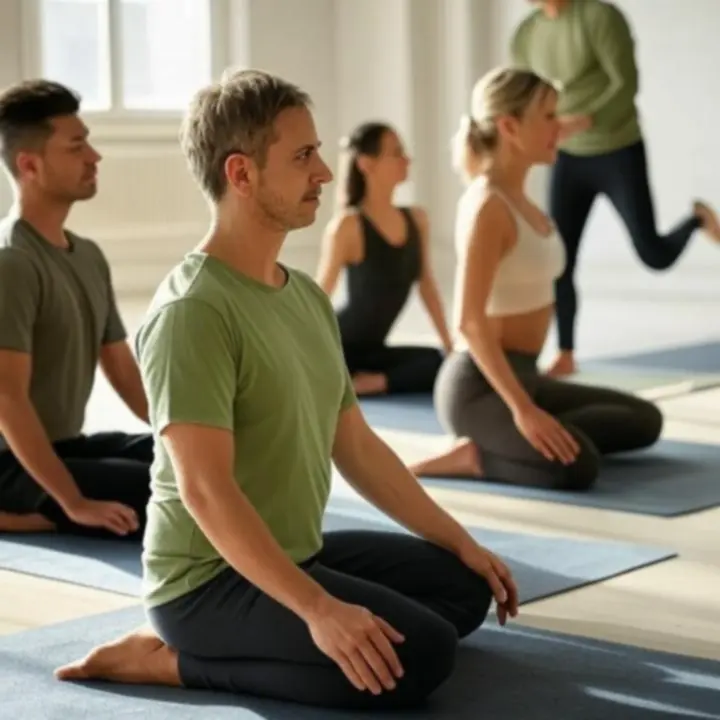 Grupa praktykujących jogę w jasnym, przestronnym studio