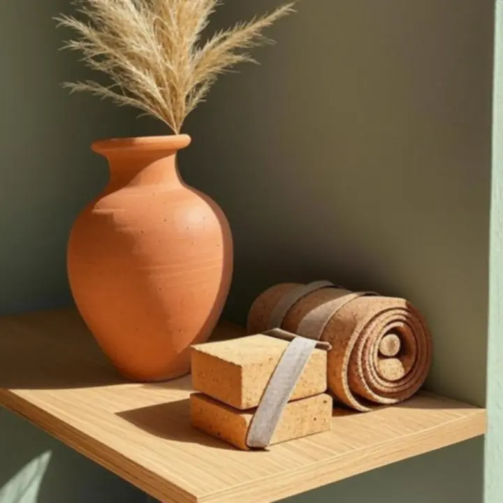 Detal wnętrza studia w ciepłych odcieniach terakoty, minimalistyczna kompozycja organiczna