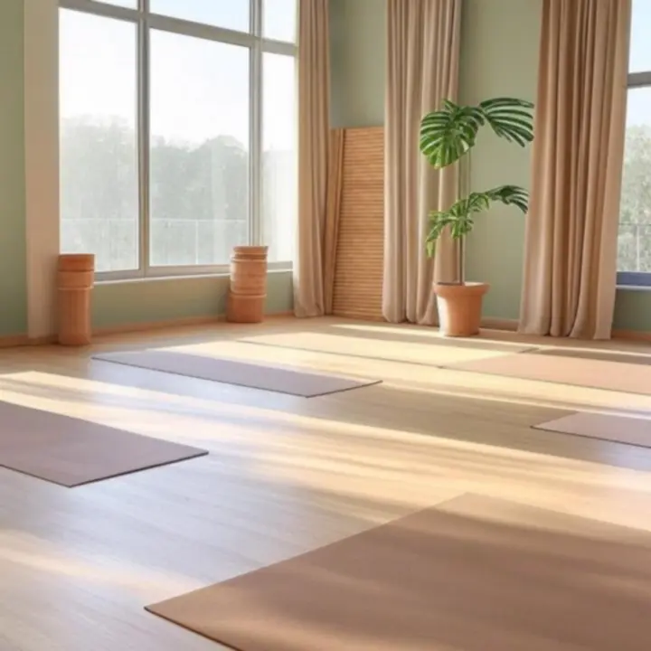Wnętrze studia jogi wypełnione naturalnym światłem, minimalistyczna sala z drewnianymi elementami